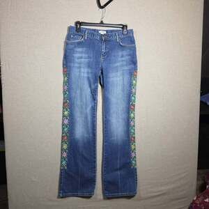 Y2K Bird Embroidered Floral Jeans Bootcut medium Wash Womens 4 Bohemian
